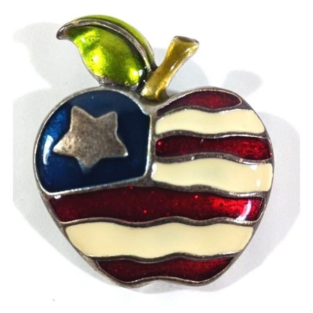 PATRIOTIC Red White Blue Enamel APPLE PIN BROOCH As American As Apple Pie AJMC